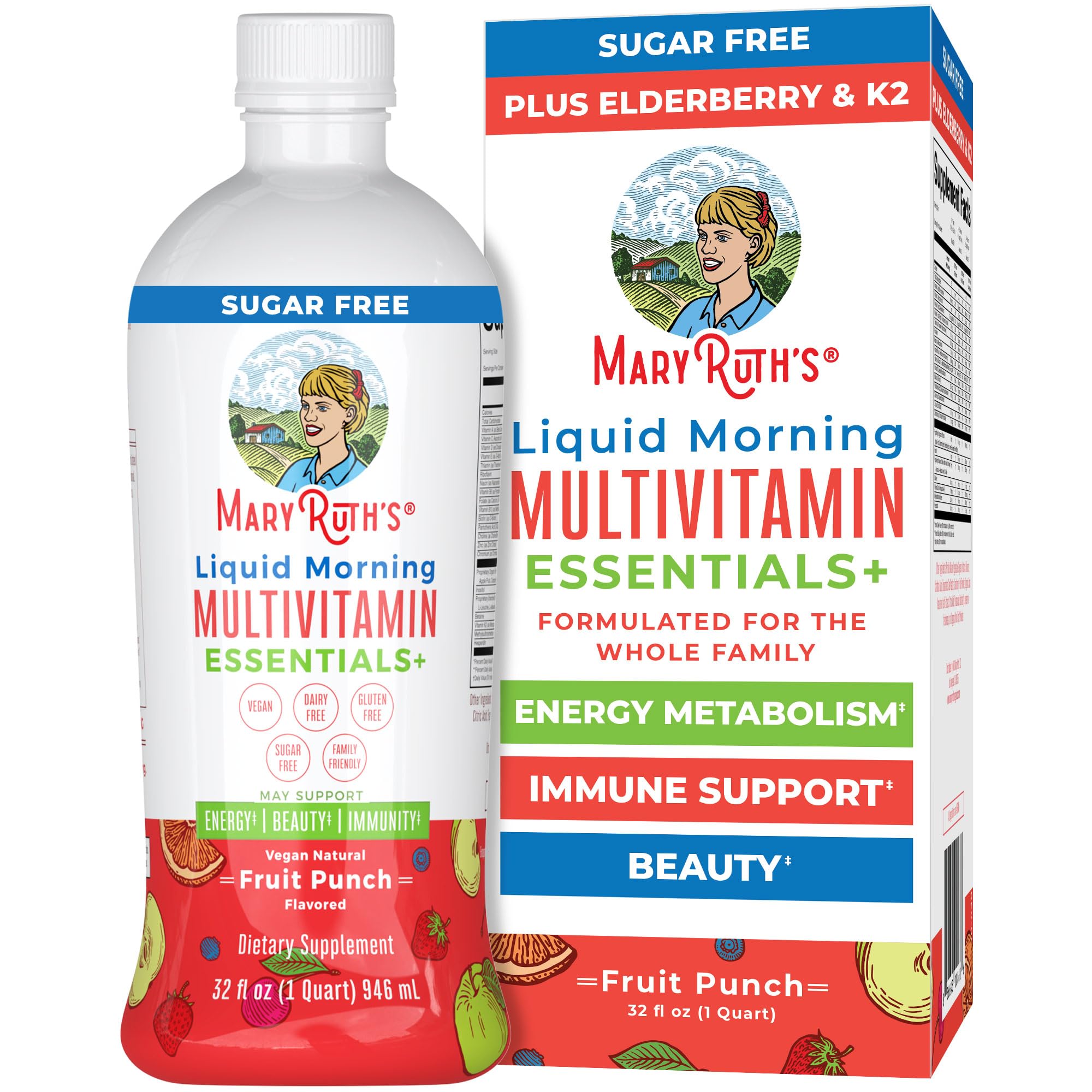 MaryRuth Organics Liquid Morning Multivitamin Essentials+ bottle shows elderberry for daily immune-support