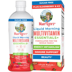 MaryRuth Organics Liquid Morning Multivitamin Essentials+ bottle shows elderberry for daily immune-support