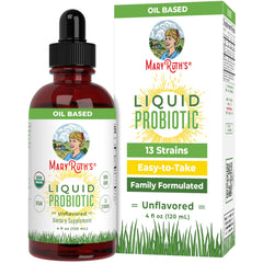 MaryRuth Organics liquid probiotic bottle pour enables easy family dosing for digestive support.