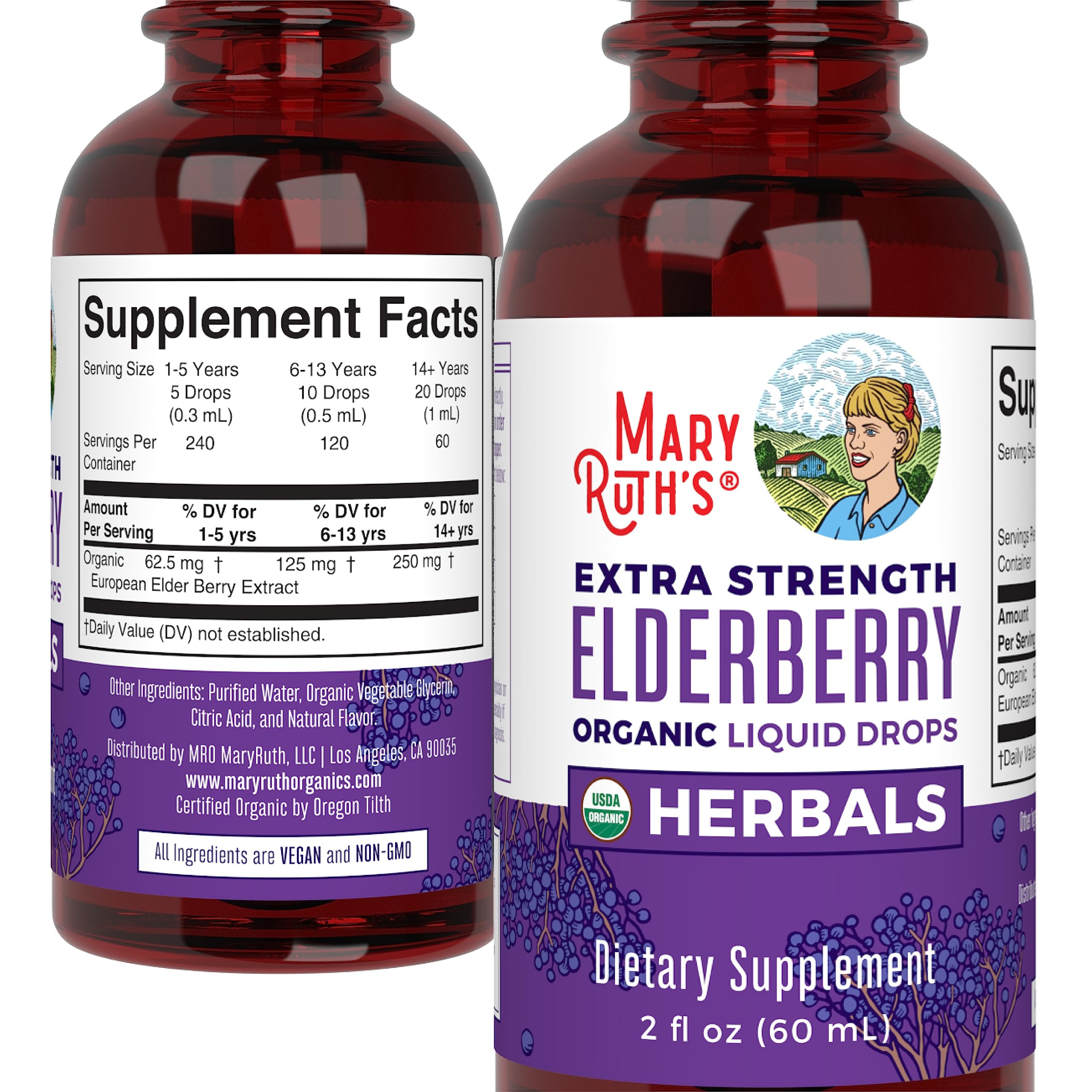 MaryRuth Organics logo on the elderberry syrup bottle