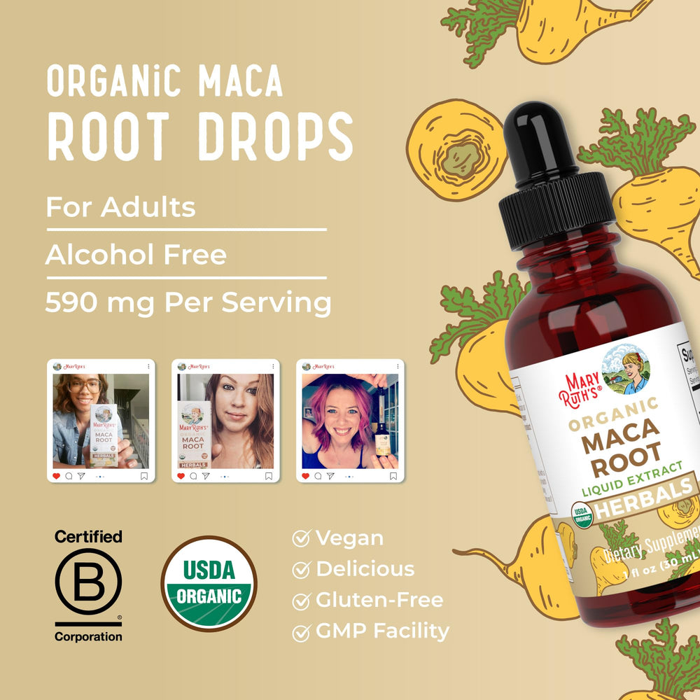 MaryRuth Organics Maca Root Drops ready for daily routines.