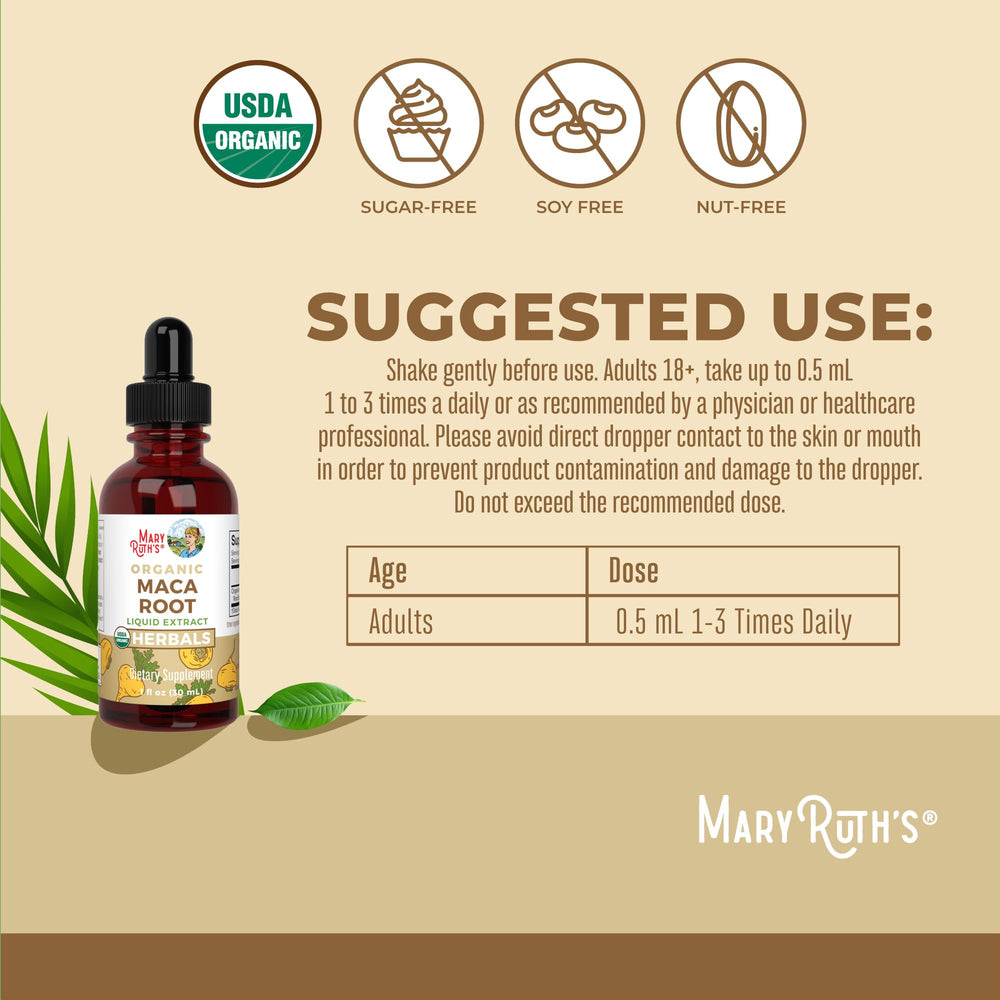 Close-up of MaryRuth Organics Maca Root Drops dropper dispensing liquid.