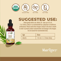 Close-up of MaryRuth Organics Maca Root Drops dropper dispensing liquid.