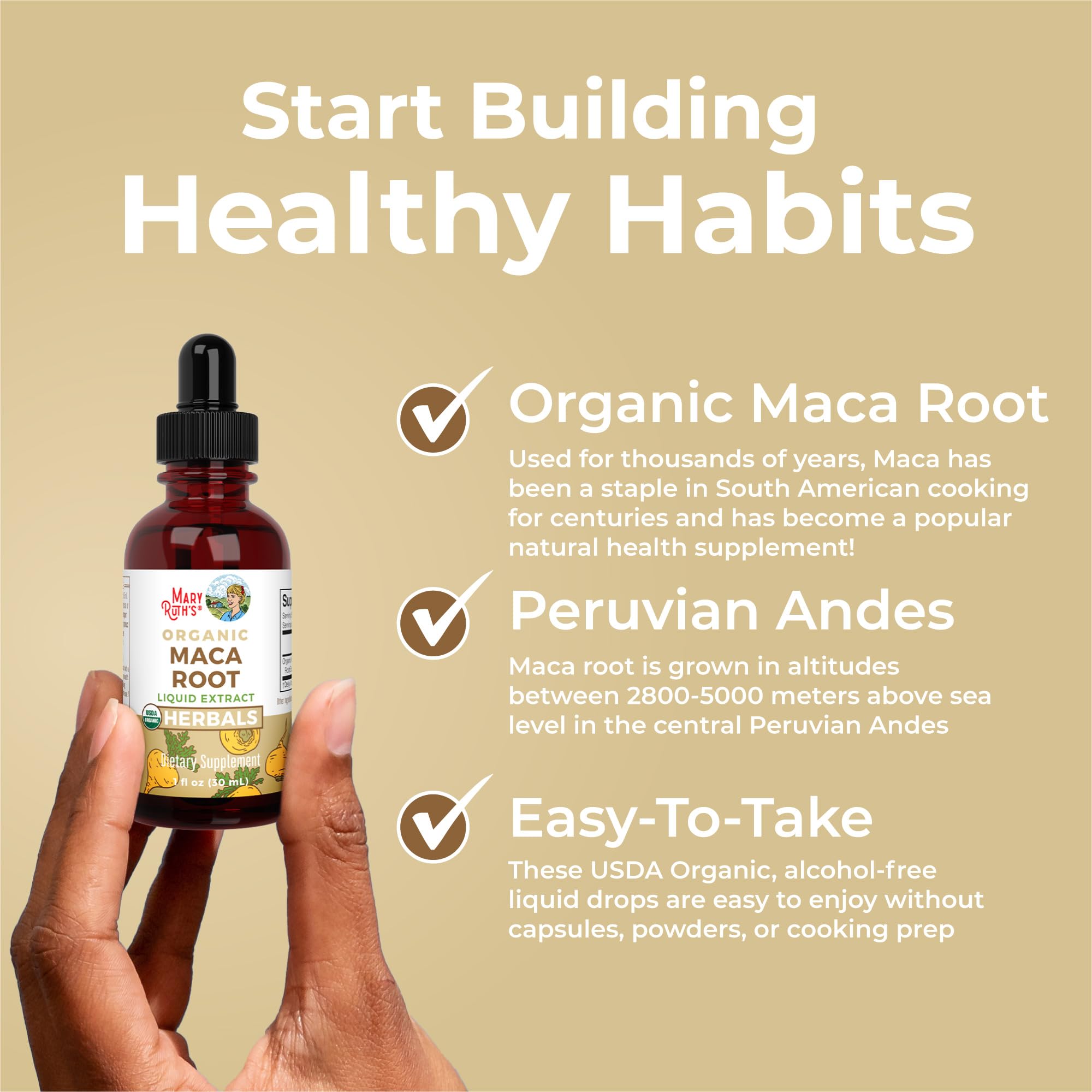 MaryRuth Organics Maca Root Drops glass beside bottle in kitchen.