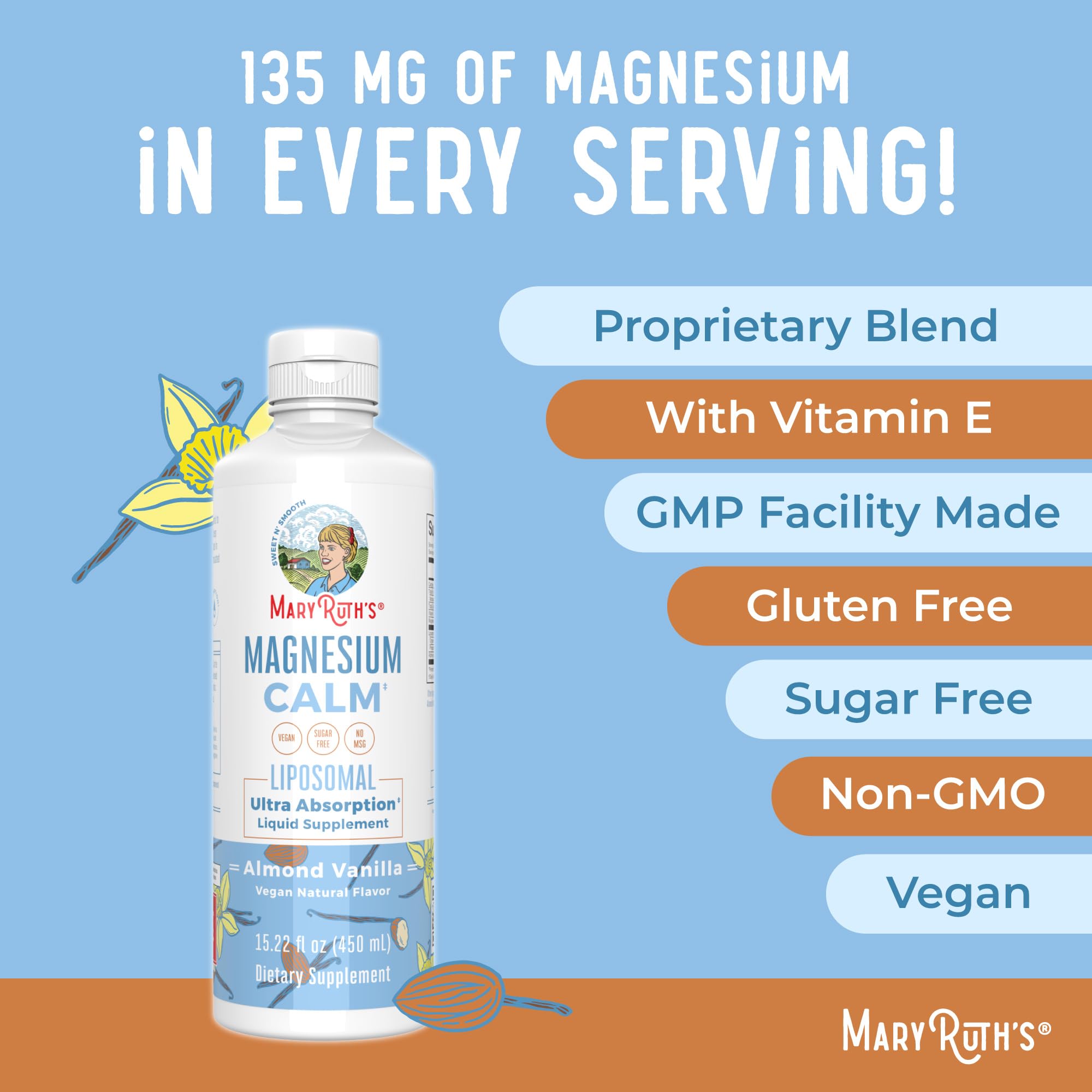 MaryRuth Organics Magnesium Liposomal almond-vanilla flavor bottle close-up for tastier intake.