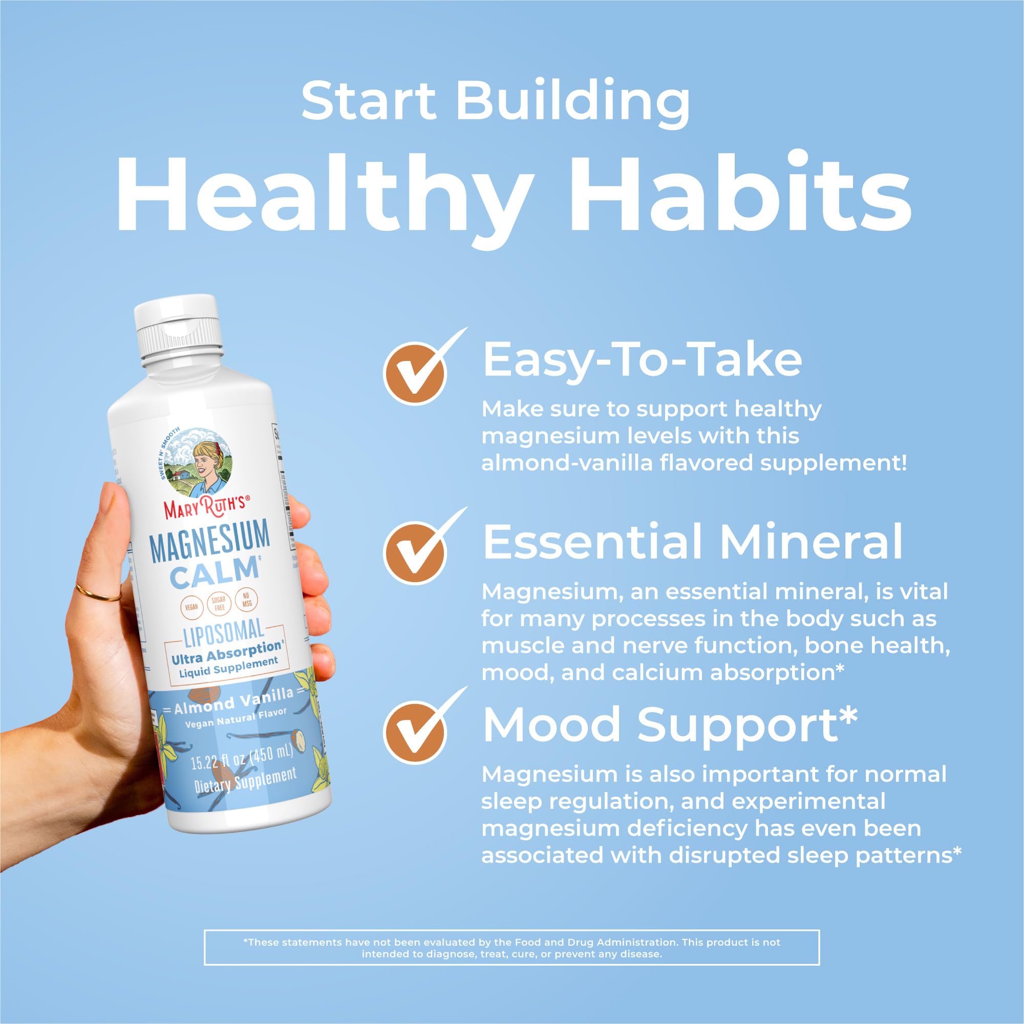 MaryRuth Organics Magnesium Liposomal ingredients panel notes liposomal delivery and almond flavor.