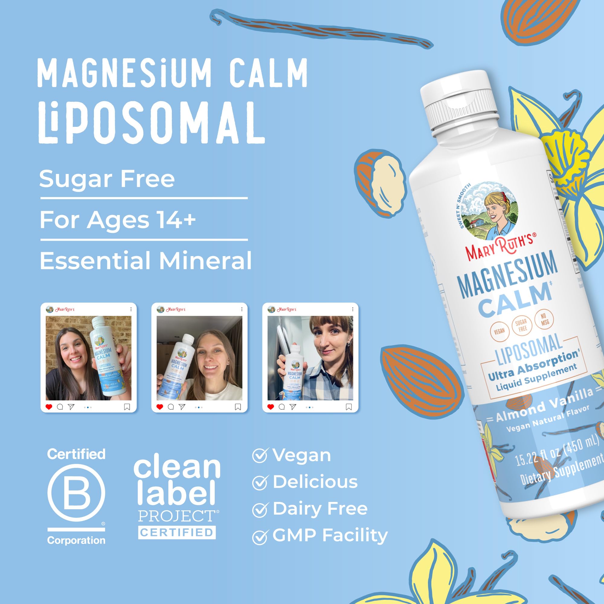 MaryRuth Organics Magnesium Liposomal tasting setup with glass and spoon for convenient use.