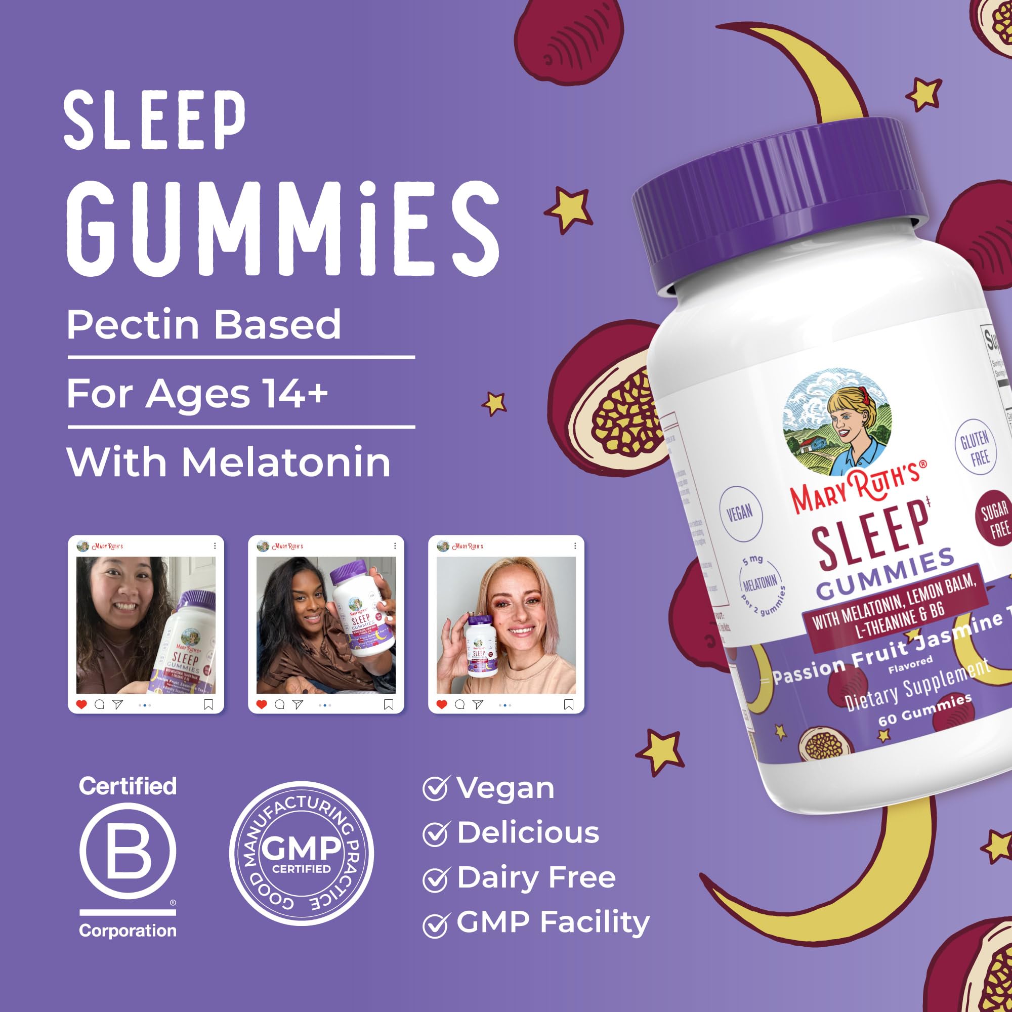 MaryRuth Organics Melatonin Sleep Gummy sugar-free formula shown on packaging