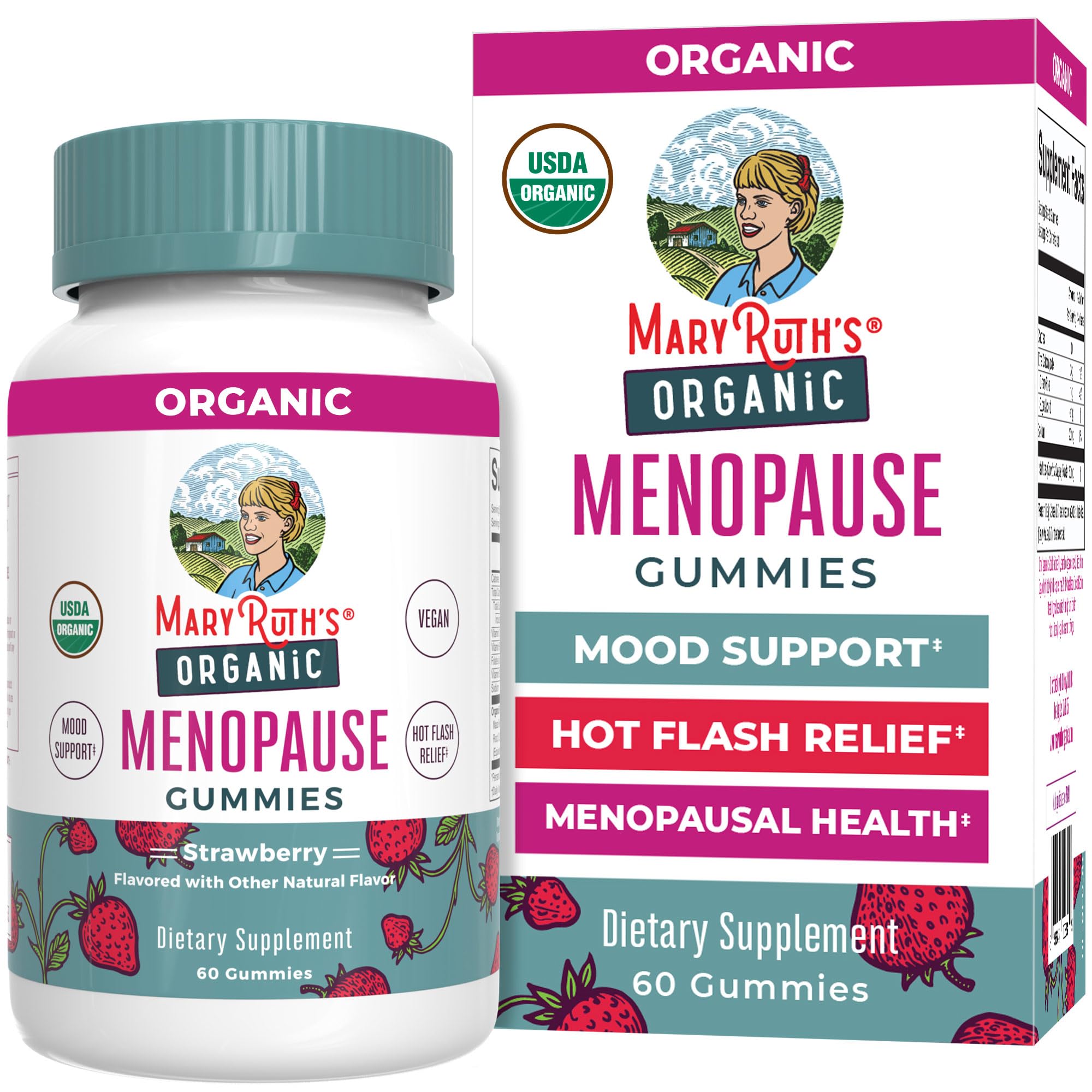 MaryRuth Organics Organic Menopause Gummies bottle shown for convenient daily mood and hot flash support.