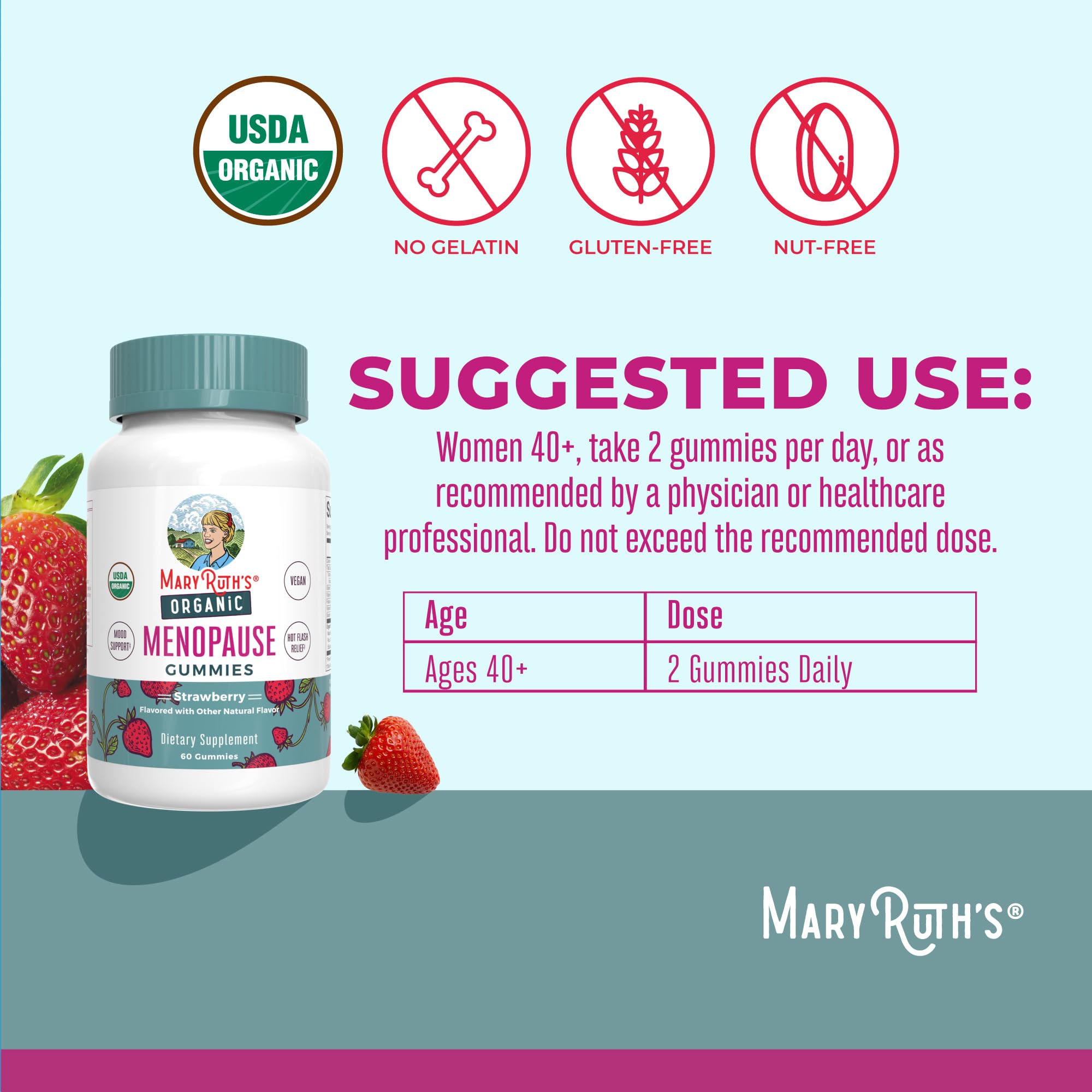 Strawberry-flavored vegan gummies offering enjoyable texture while supporting mood and comfort during menopause.