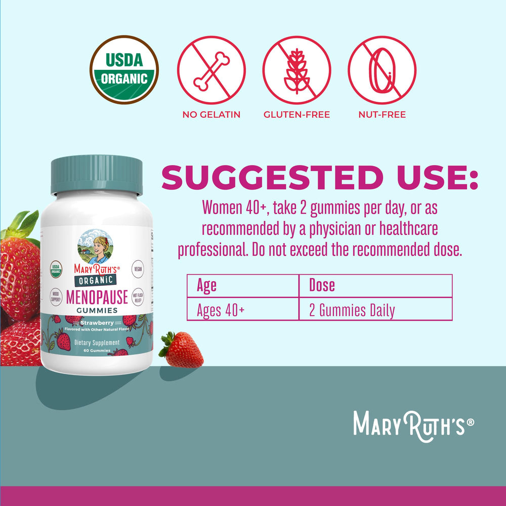 Strawberry-flavored vegan gummies offering enjoyable texture while supporting mood and comfort during menopause.
