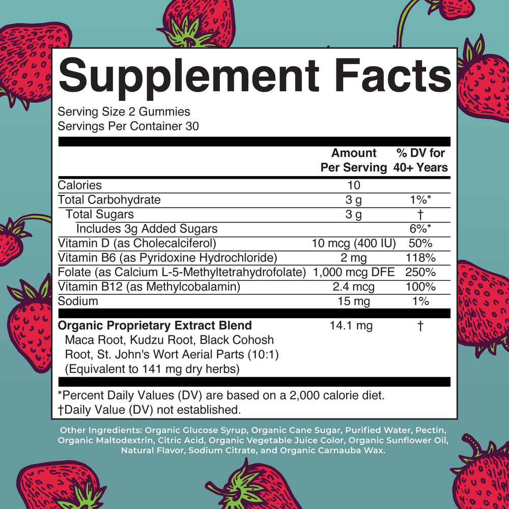 MaryRuth Organics Menopause Gummies serving suggestion for up to two gummies daily to support menopausal balance.