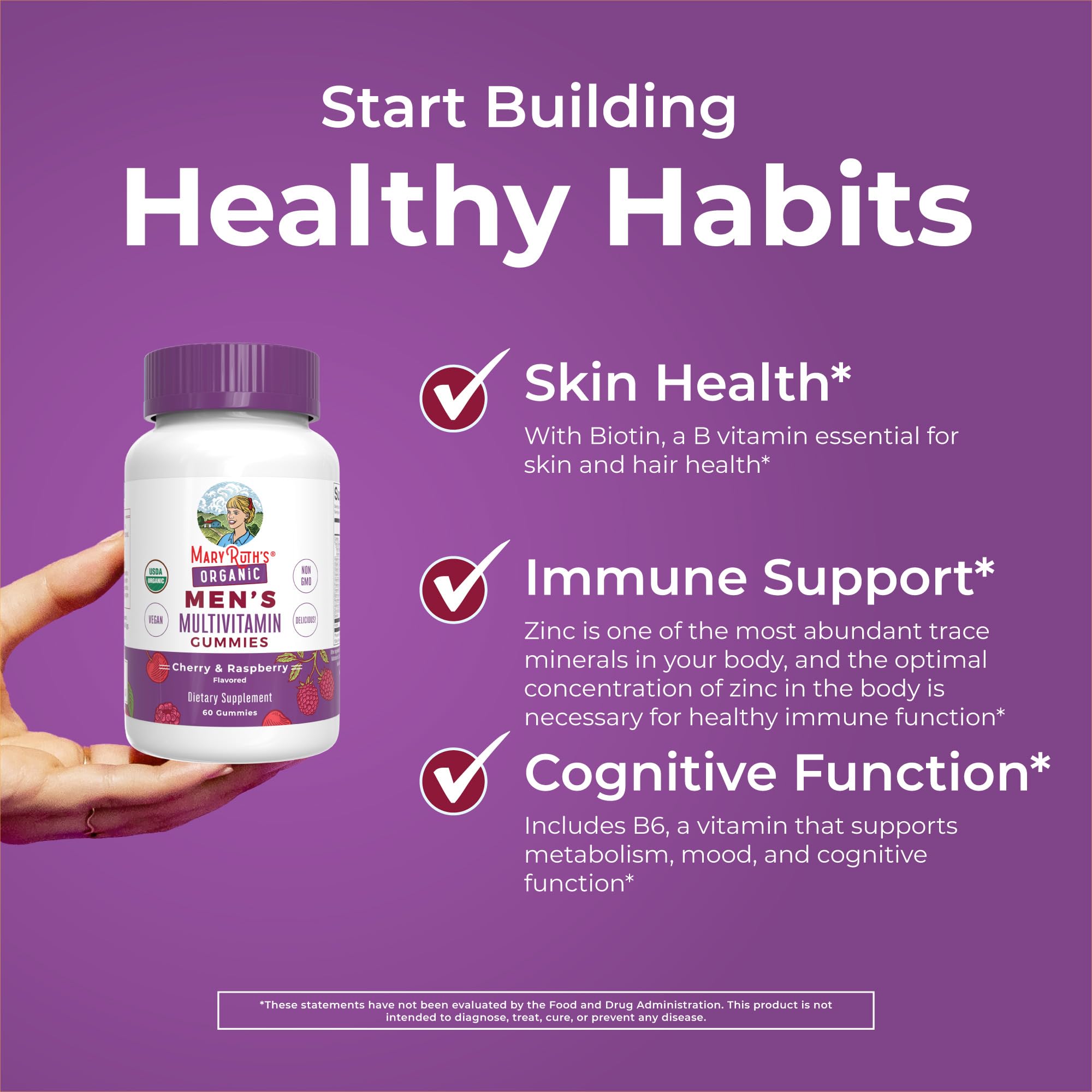 MaryRuth Organics serving suggestion showing two gummies per day for daily energy.