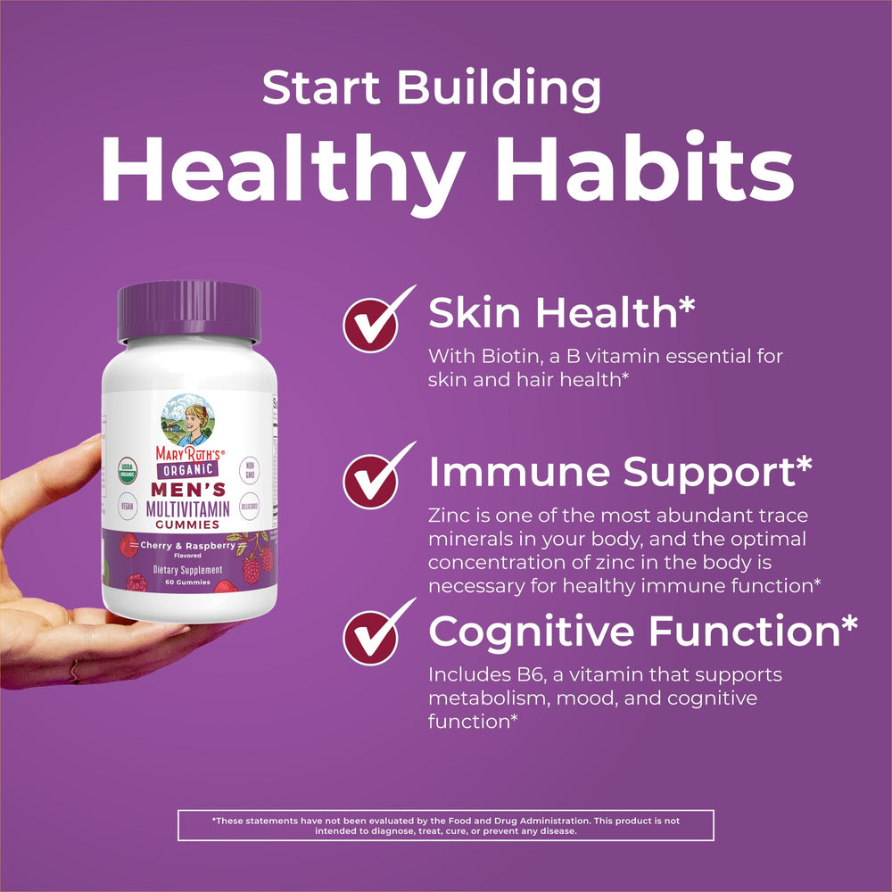 MaryRuth Organics serving suggestion showing two gummies per day for daily energy.
