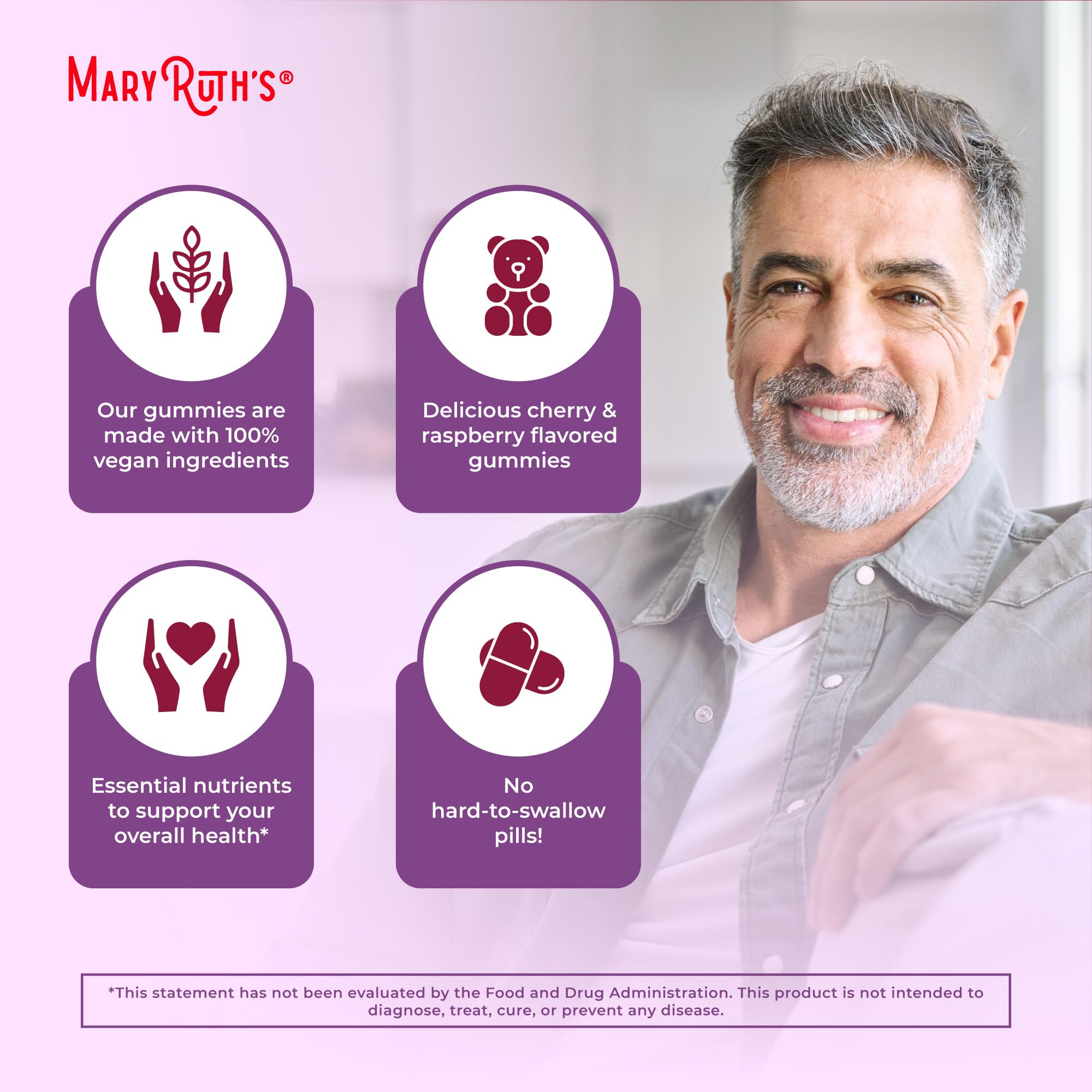 MaryRuth Organics gummies arranged with water illustrating easy intake after meals.