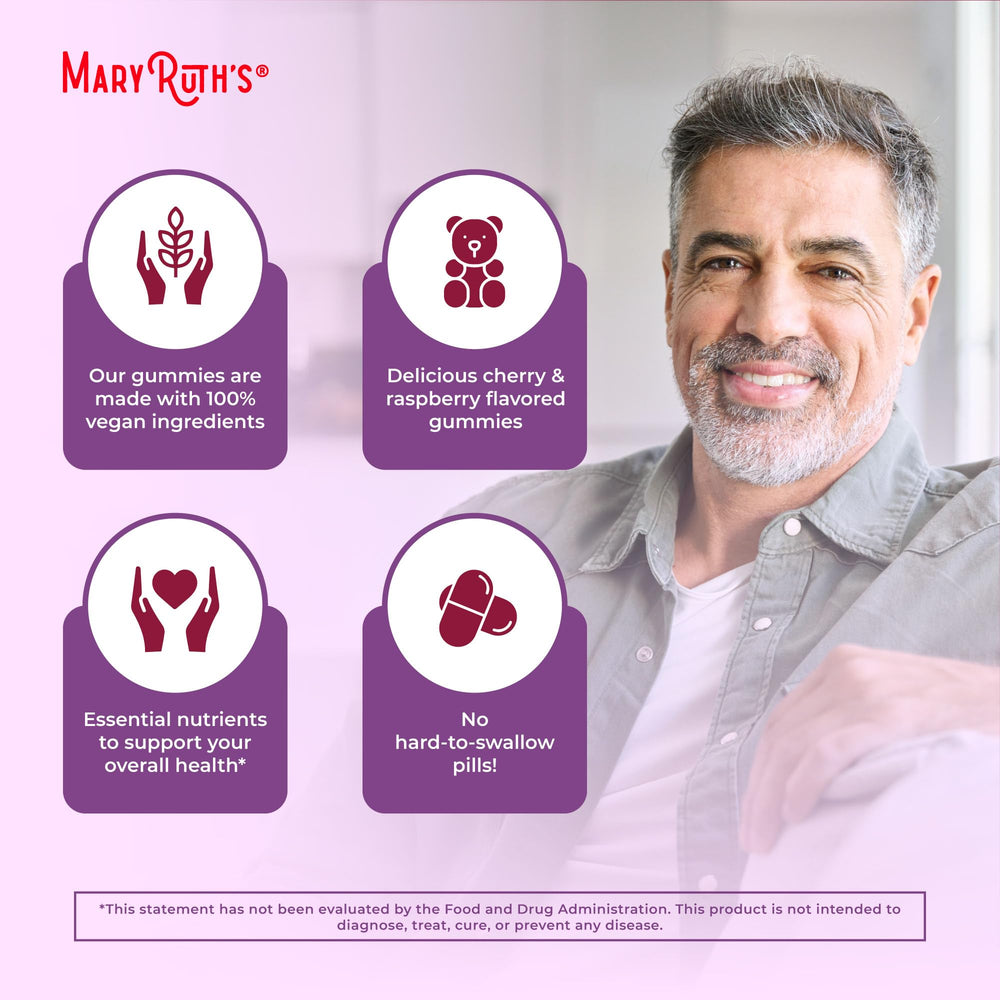 MaryRuth Organics gummies arranged with water illustrating easy intake after meals.
