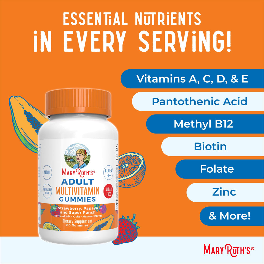 MaryRuth Organics packaging highlights gluten-free and sugar-free attributes.