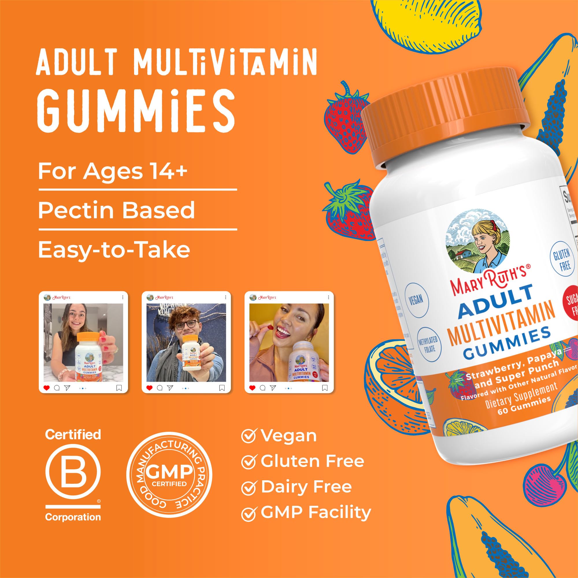 MaryRuth Organics vegan, non-GMO gummies signal plant-based quality.