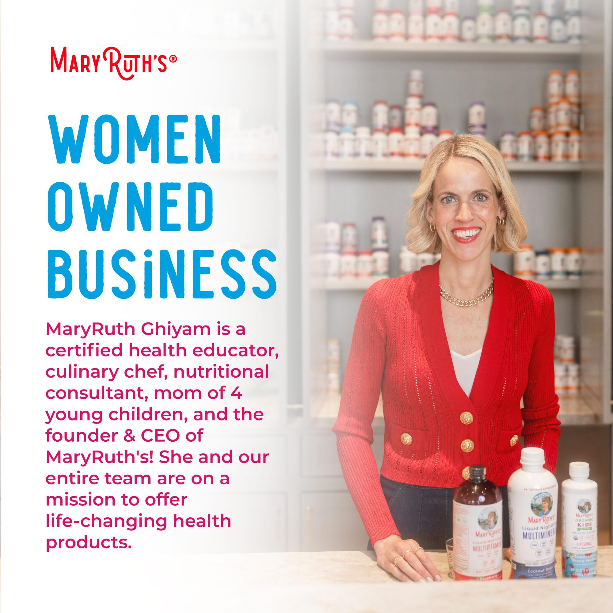 MaryRuth Organics gummies arranged with a glass of water for easy use.