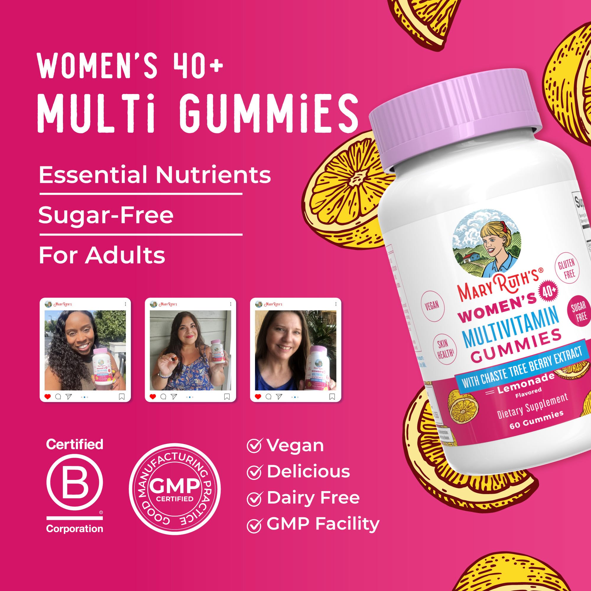 MaryRuth Organics 40+ formula highlights chasteberry for daily wellness support.