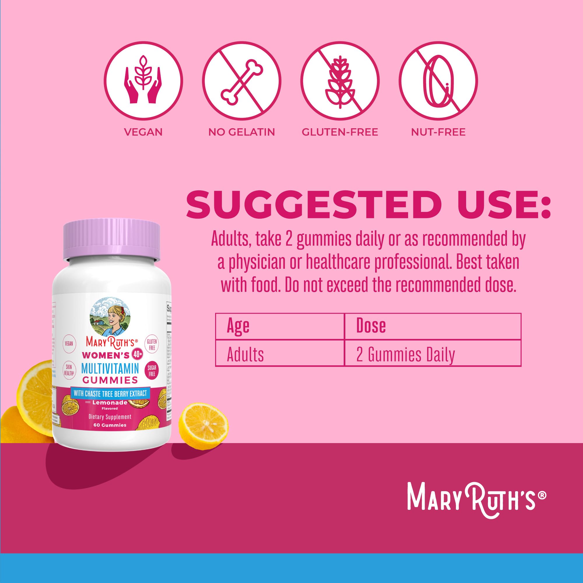 MaryRuth Organics 40+ ingredients panel featuring D3 and biotin.
