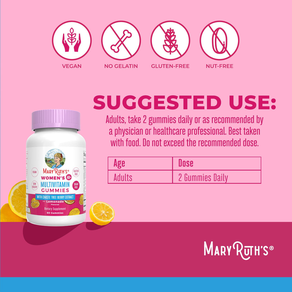 MaryRuth Organics 40+ ingredients panel featuring D3 and biotin.