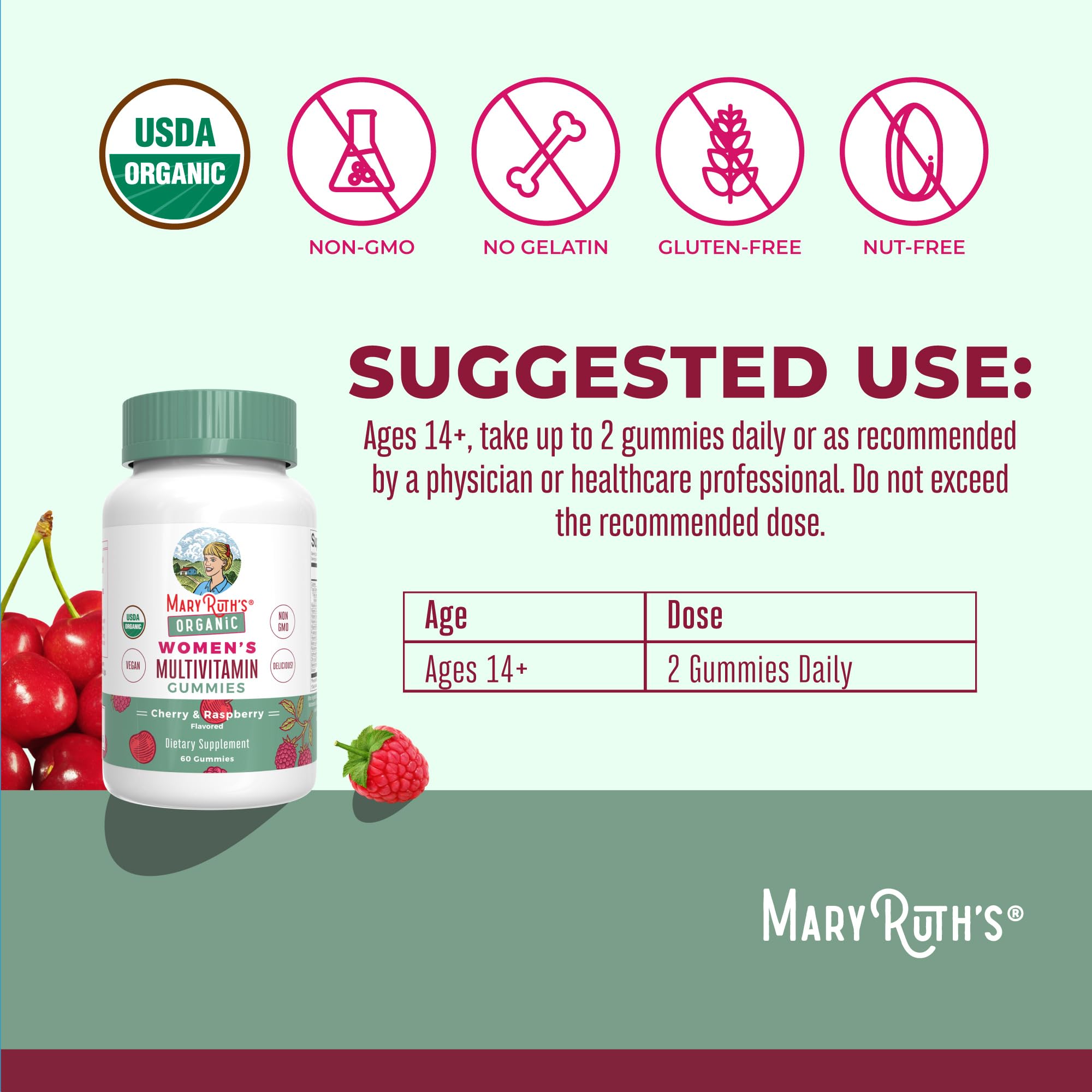 MaryRuth Organics gummies close-up showing cherry raspberry flavor and vegan formula