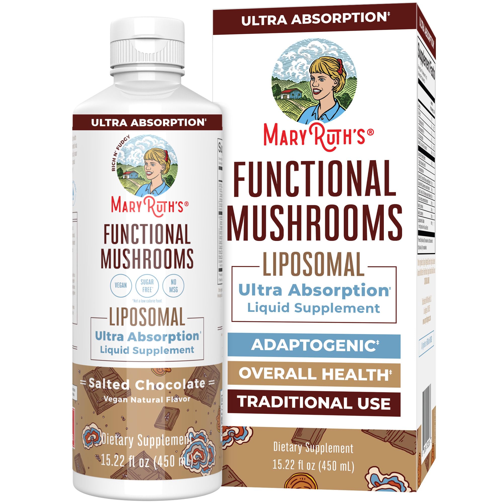 MaryRuth Organics Mushroom liquid bottle front, convenient daily wellness option.