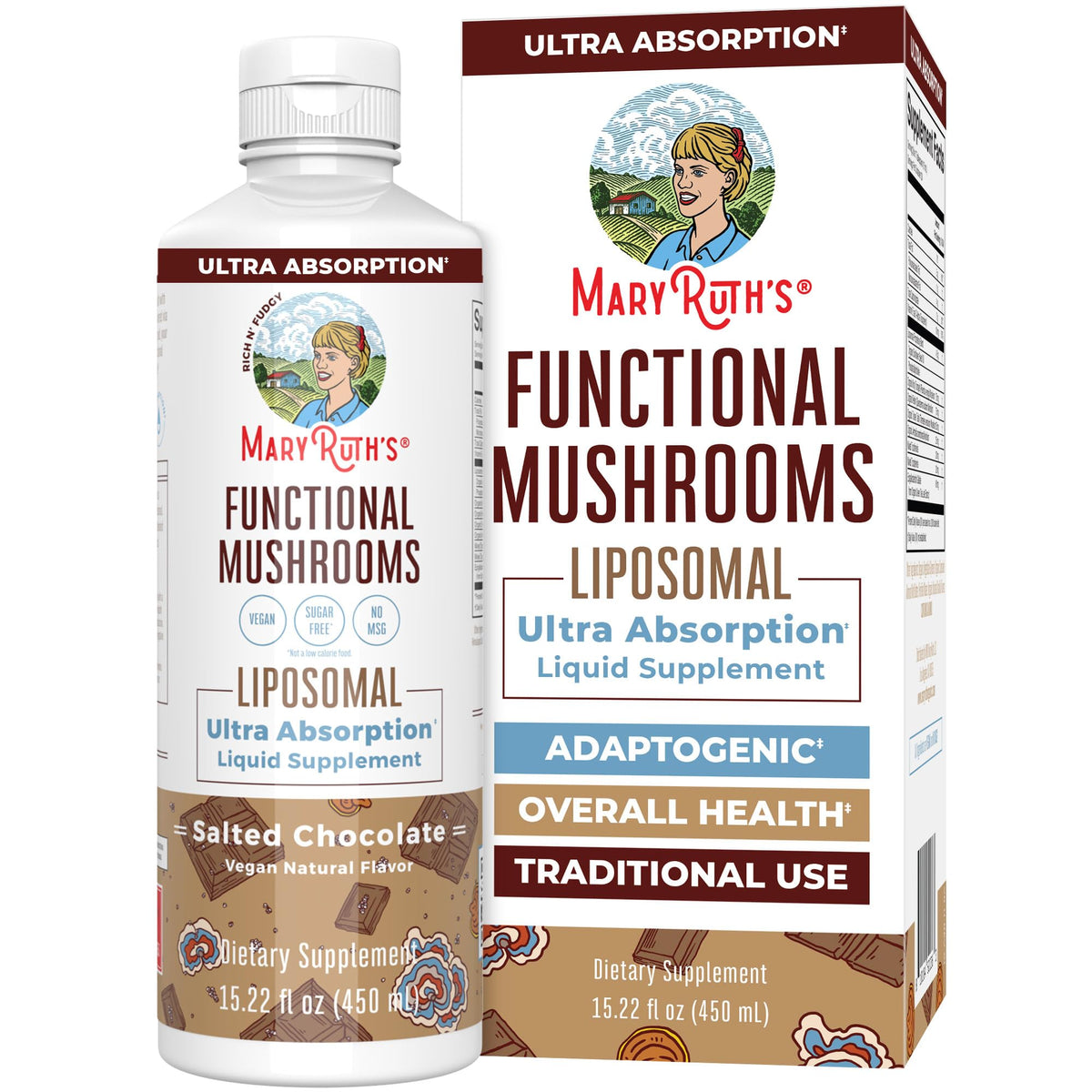 MaryRuth Organics Mushroom liquid bottle front, convenient daily wellness option.