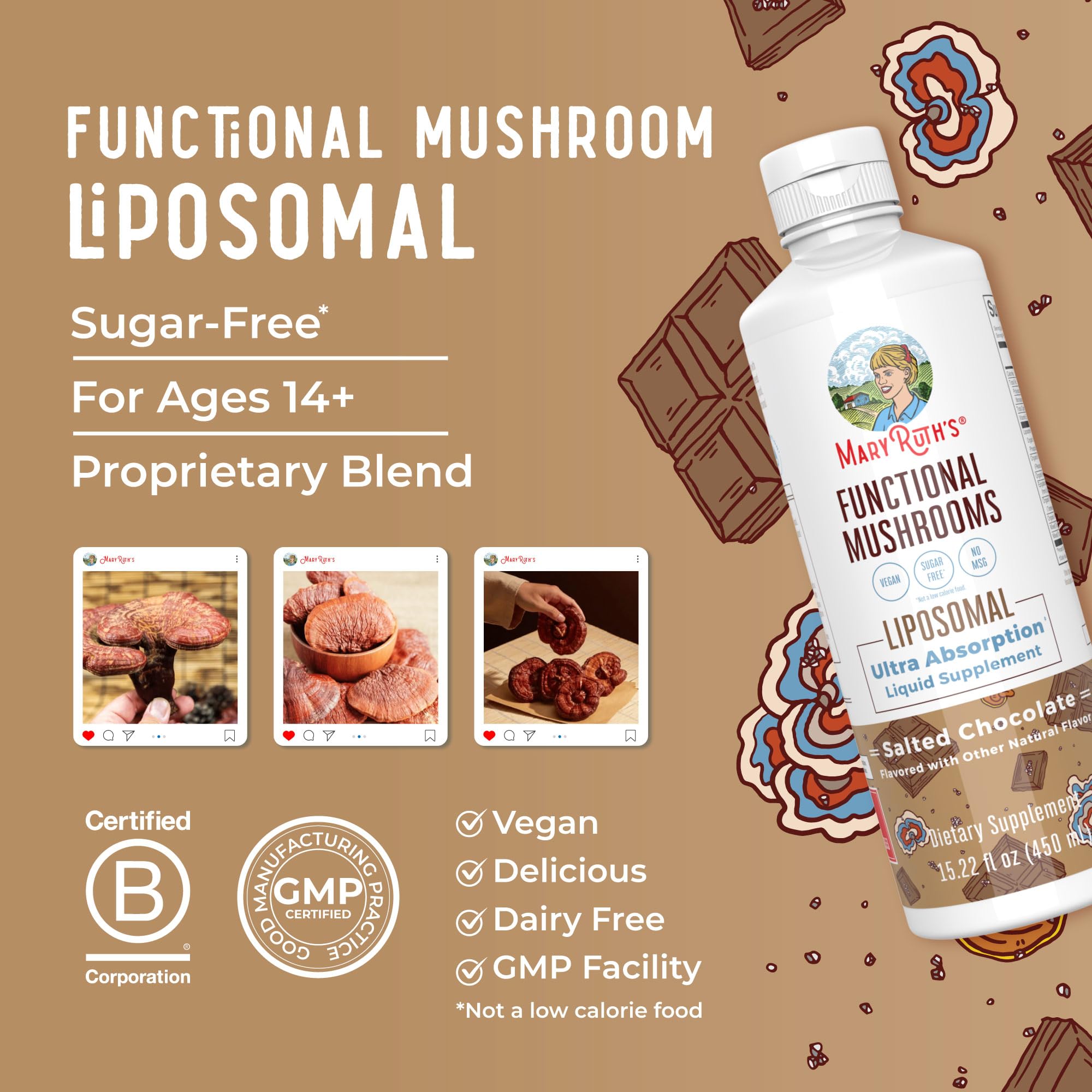 MaryRuth Organics Mushroom liquid chocolate flavor close-up.