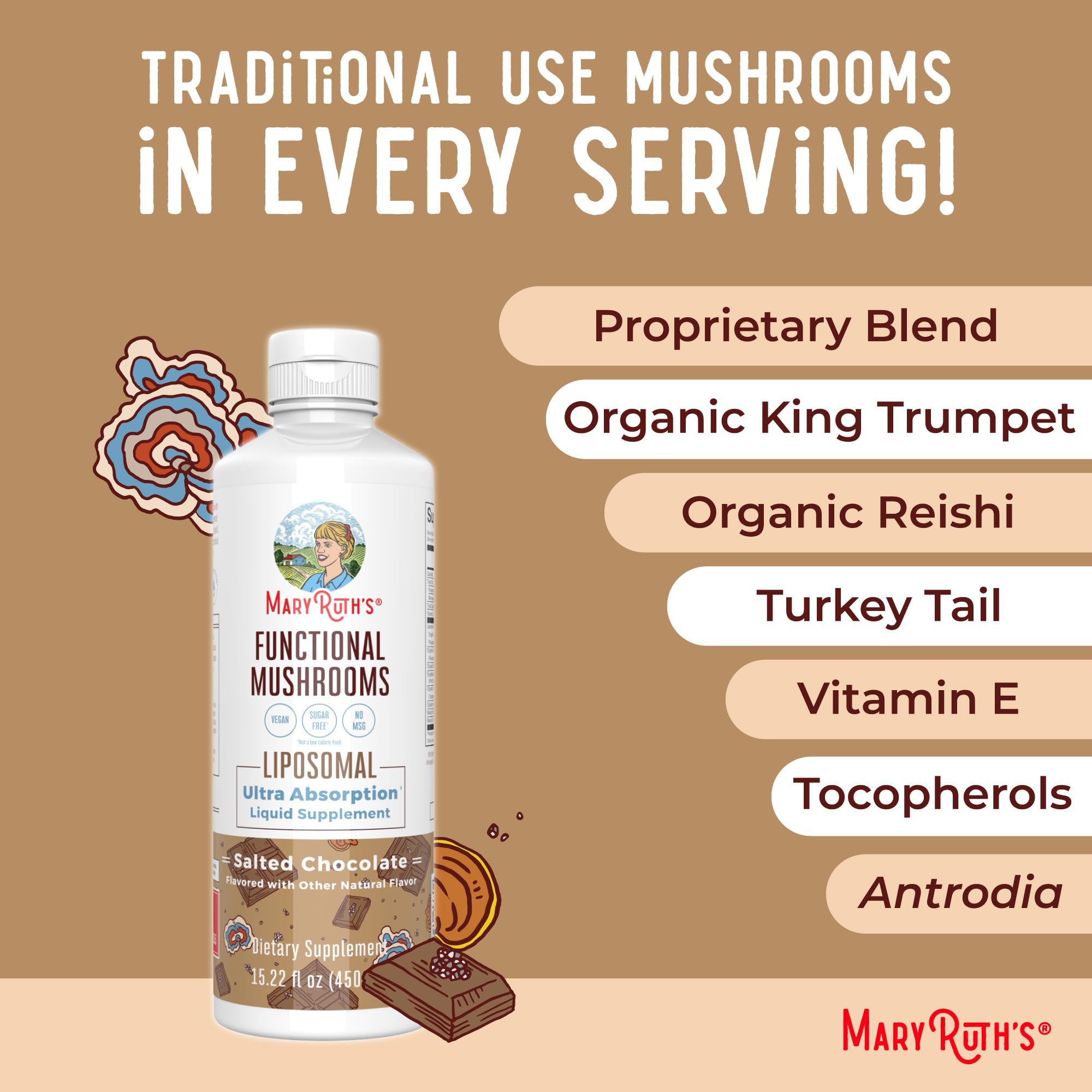 MaryRuth Organics Mushroom liquid ingredients list for vegan and non-GMO attributes.