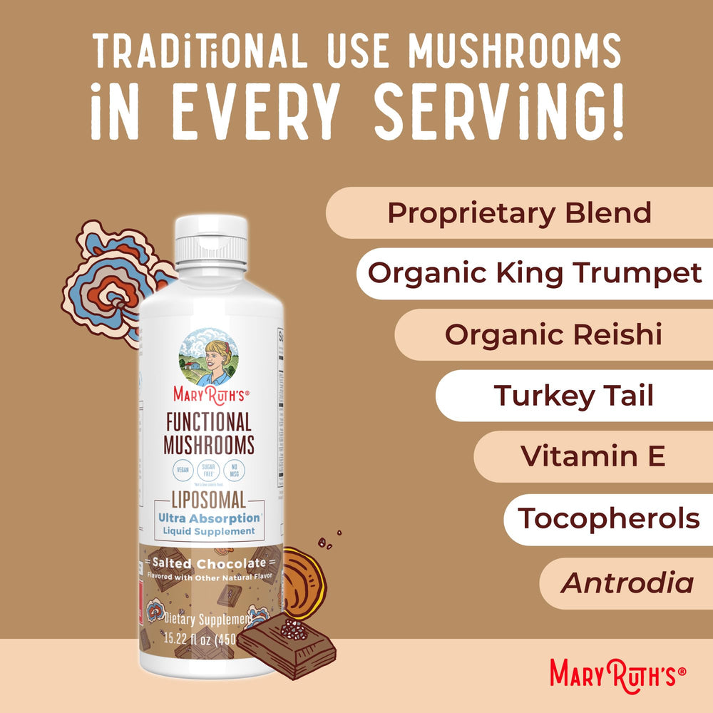 MaryRuth Organics Mushroom liquid ingredients list for vegan and non-GMO attributes.