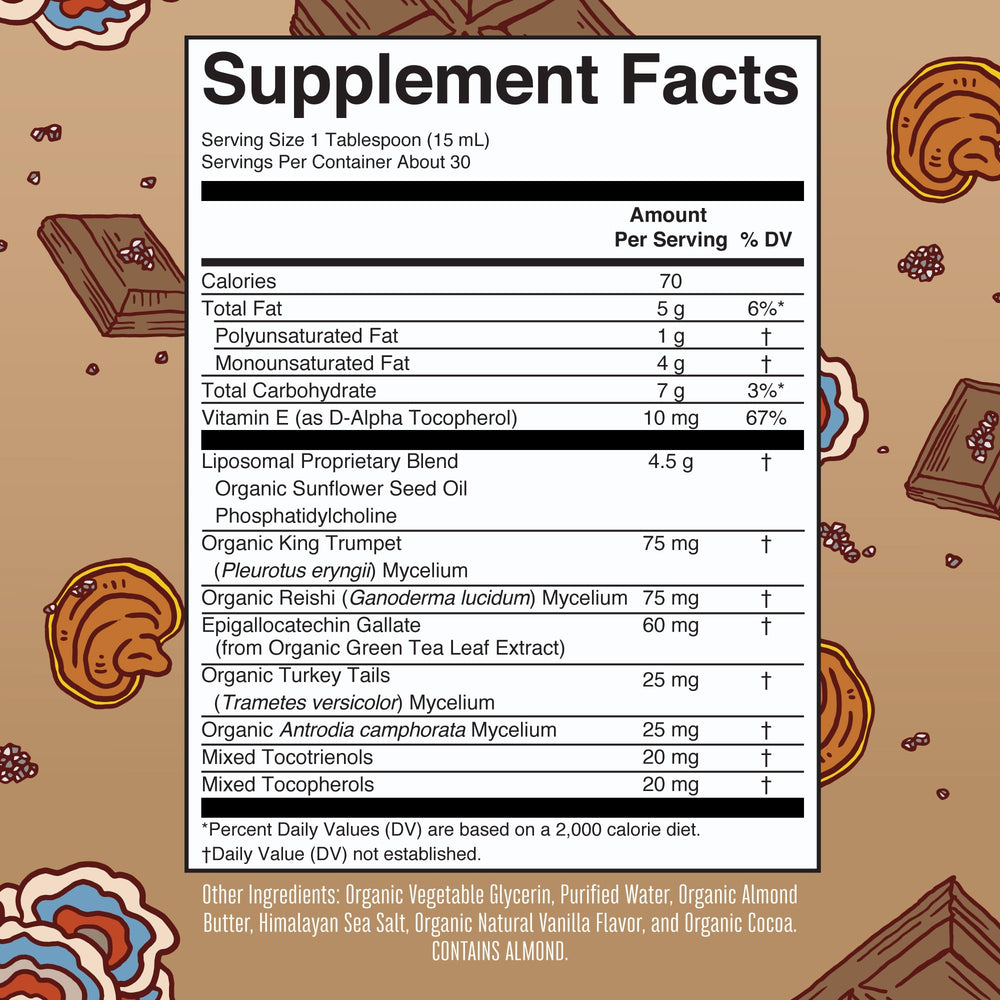 MaryRuth Organics Mushroom liquid label close-up highlighting ingredients.