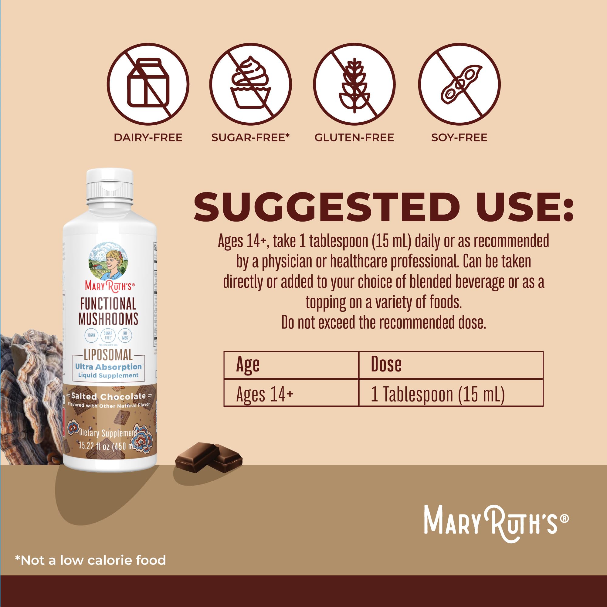 MaryRuth Organics Mushroom liquid tasting cup emphasizing salted chocolate flavor.