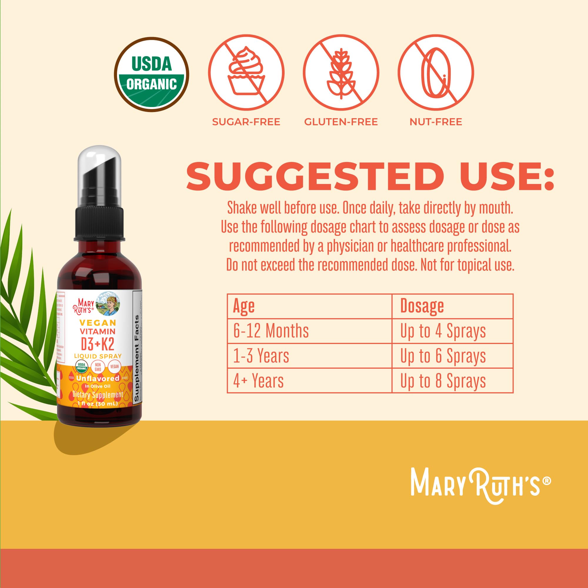 MaryRuth Organics organic label showing vegan, non-GMO formula.