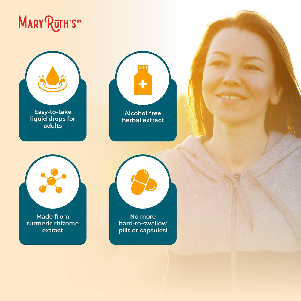 MaryRuth Organics amber glass bottle containing turmeric tincture