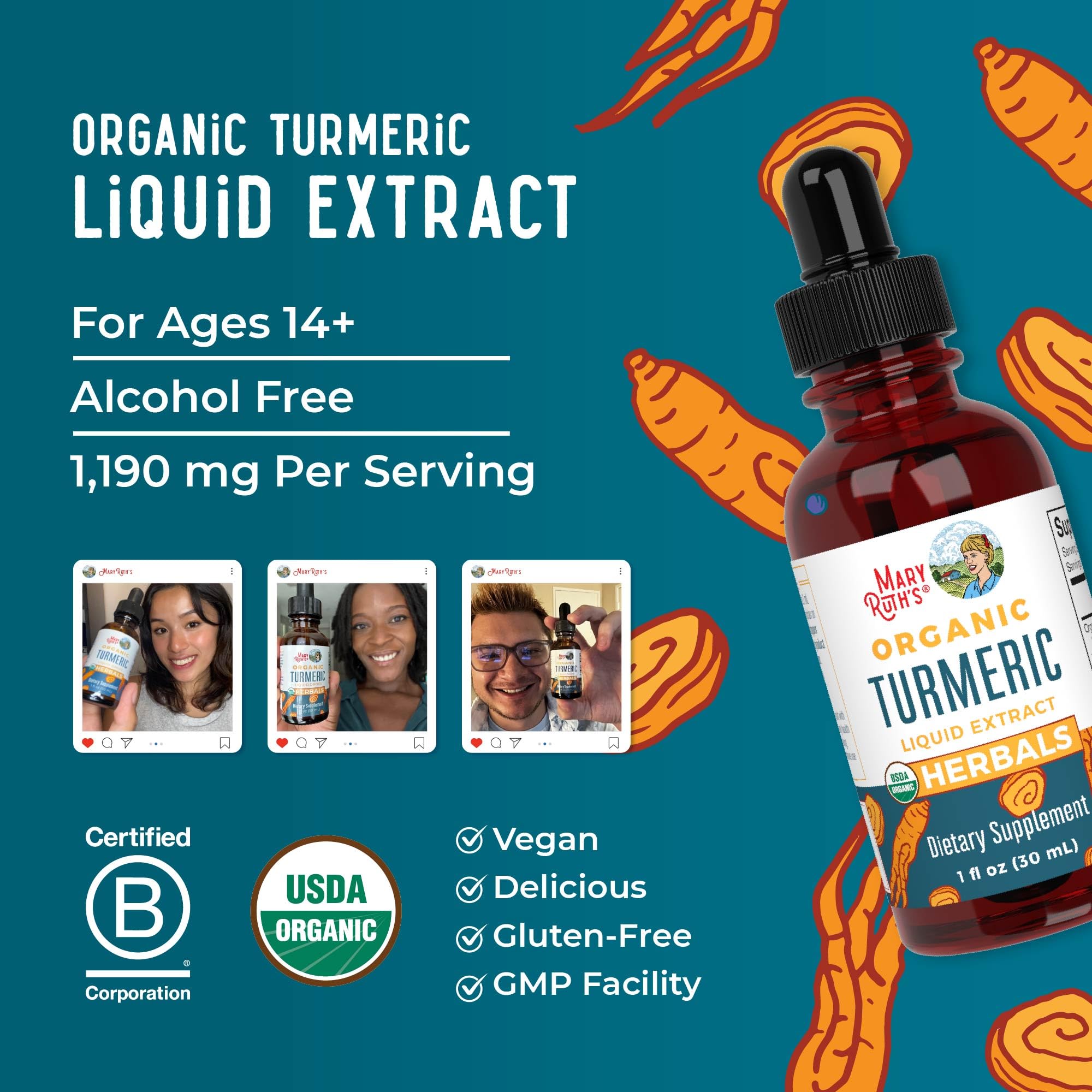 MaryRuth Organics USDA Organic seal on turmeric tincture packaging