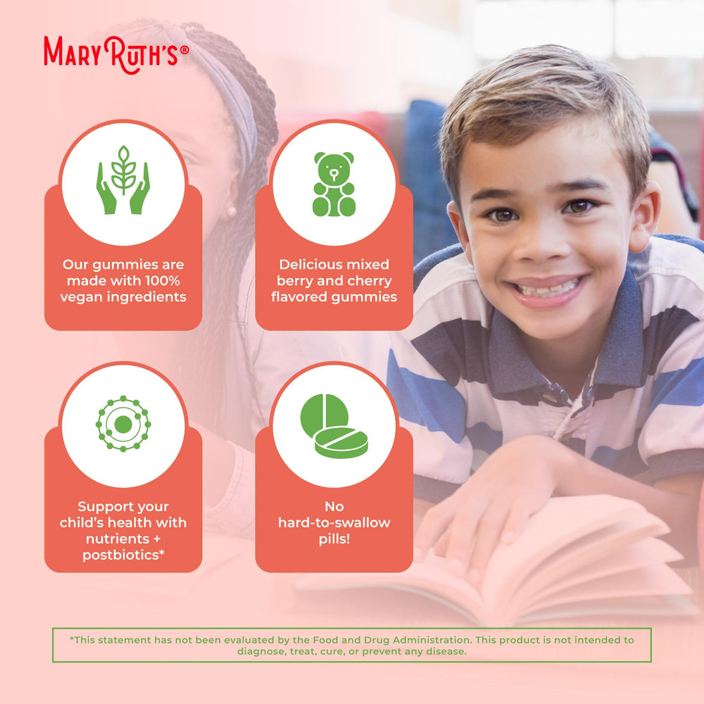 MaryRuth Organics postbiotic illustration highlights beneficial bacteria on label