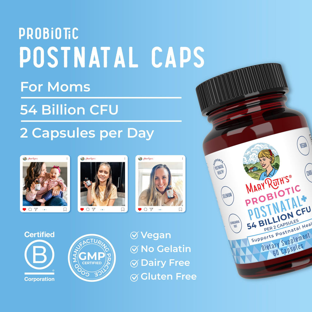 MaryRuth Organics Postnatal Probiotics 30 servings packaging displayed.