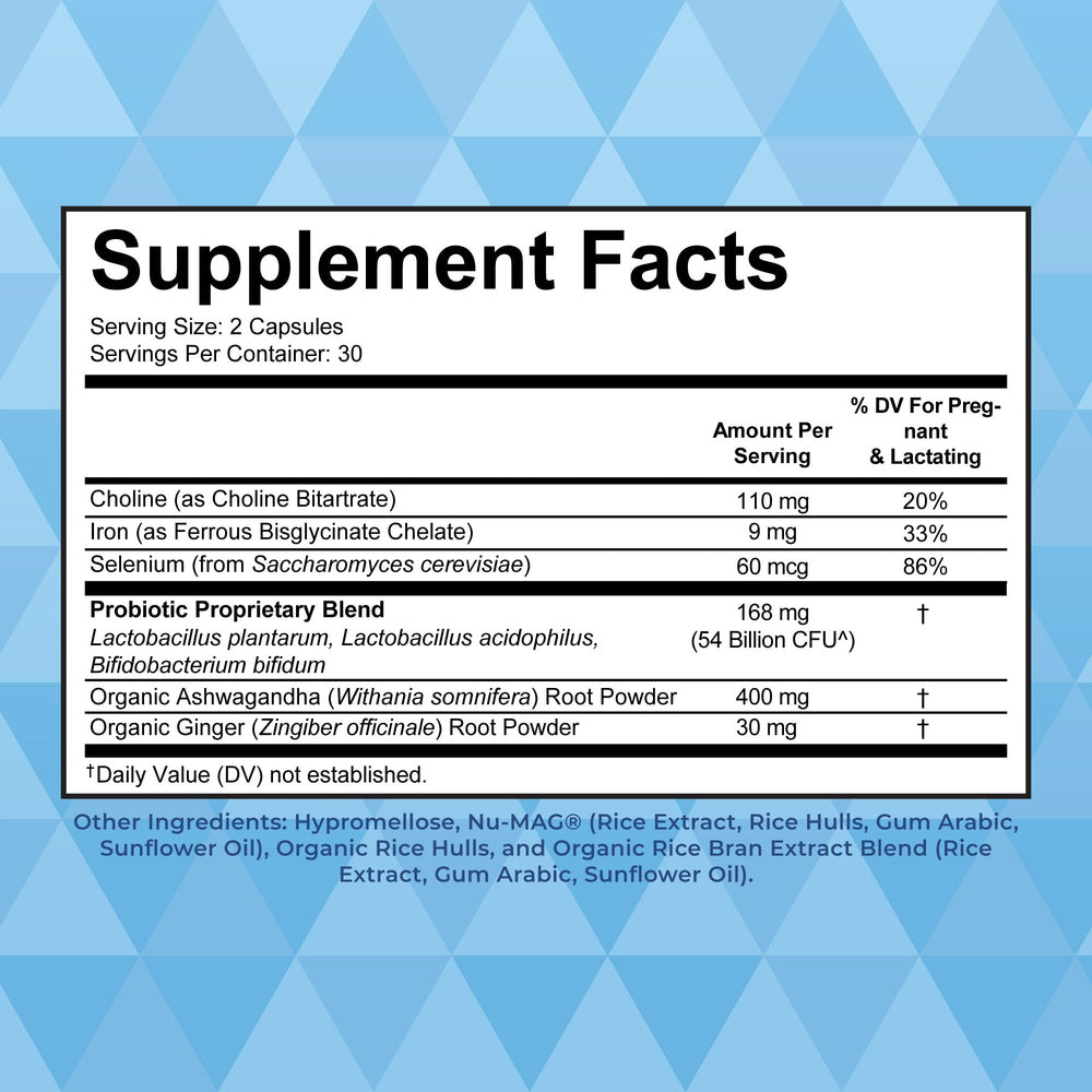 MaryRuth Organics Postnatal Probiotics bottle label showing ingredients and serving size.