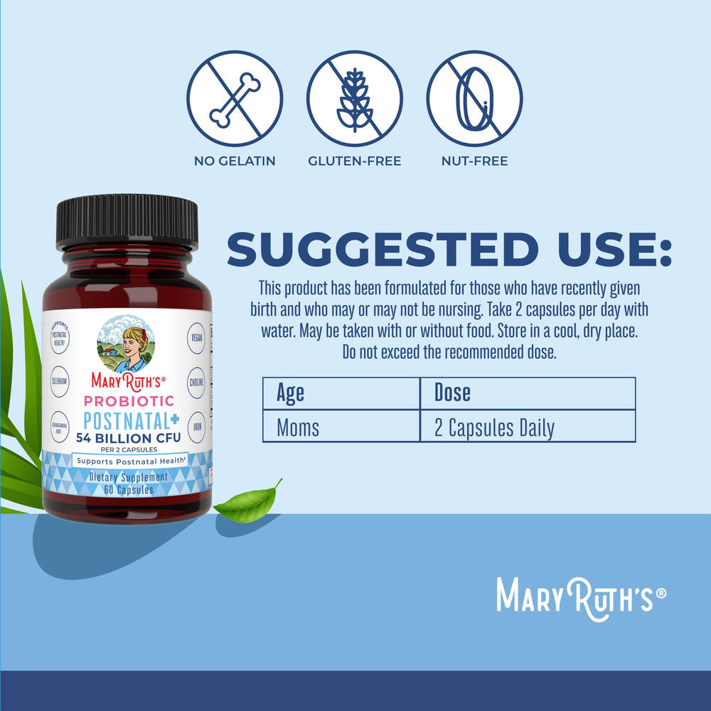 MaryRuth Organics Postnatal Probiotics capsules closeup for convenient daily intake.
