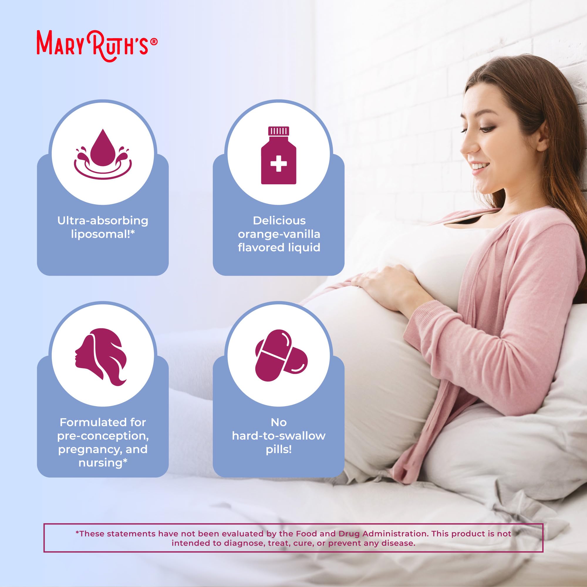 MaryRuth Organics Prenatal Liposomal label highlights non-GMO vegan gluten-free attributes