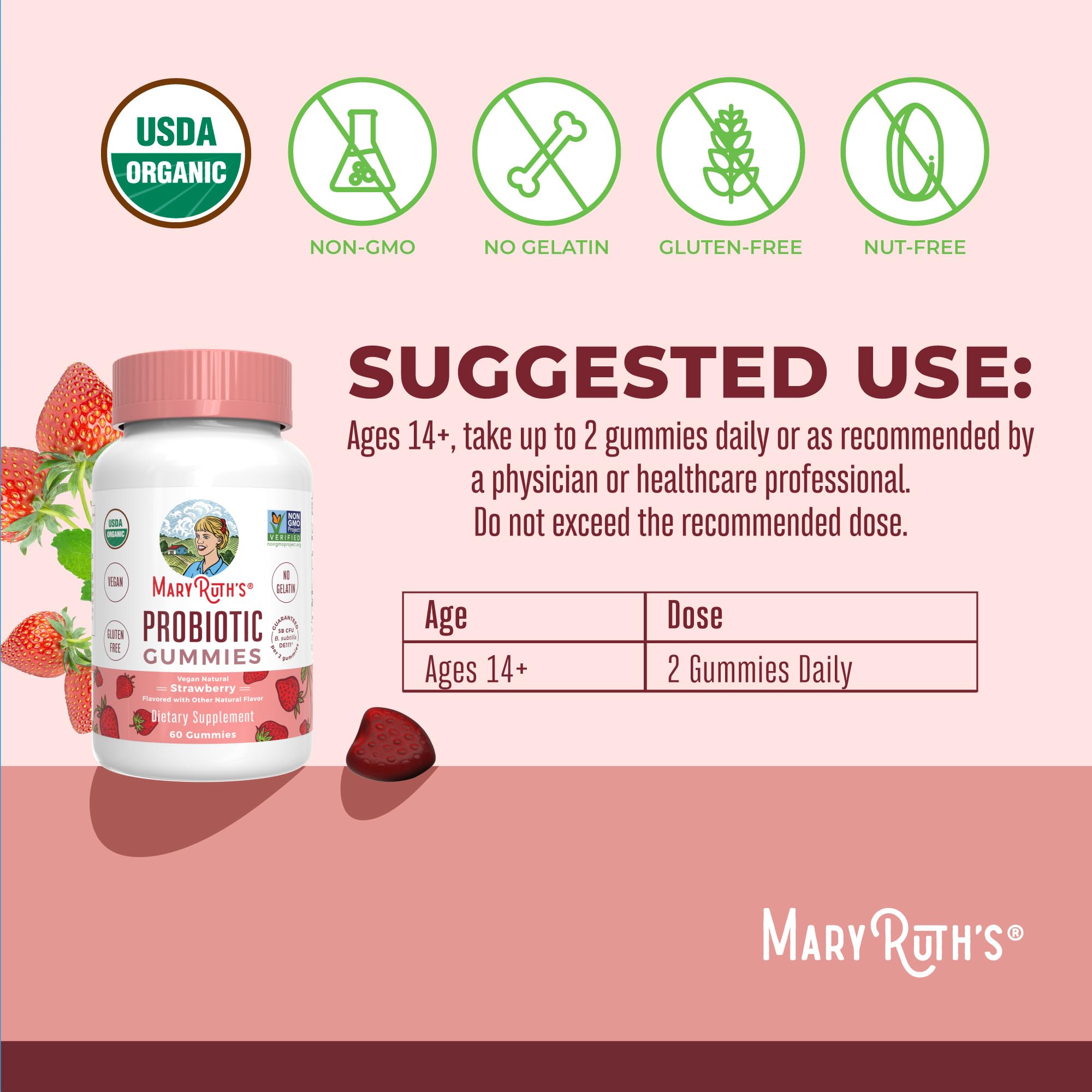 MaryRuth Organics probiotic gummies bottle on table suggests easy daily routine for gut health.