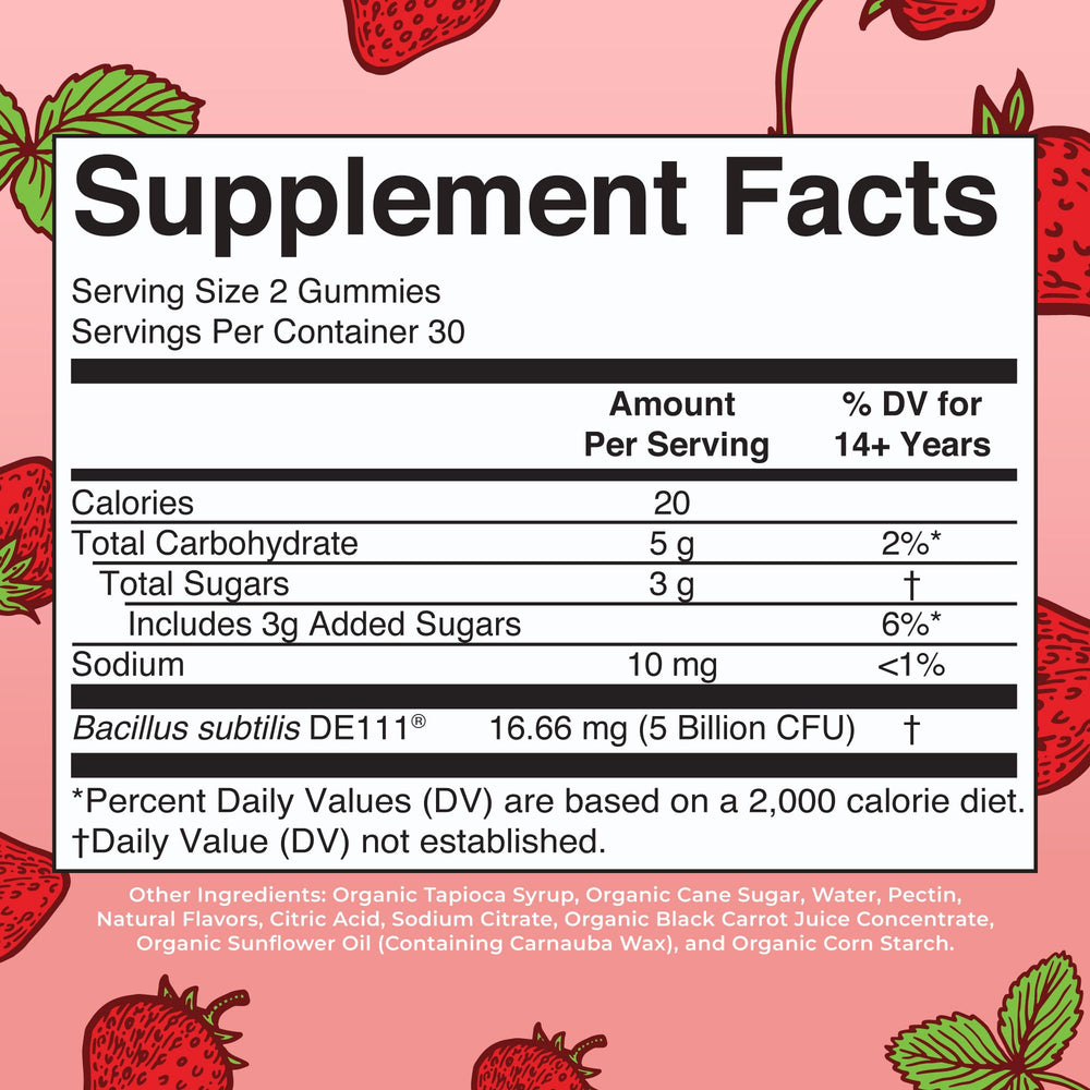 MaryRuth Organics probiotic gummies closeup strawberry highlights tasty daily relief for digestive comfort.