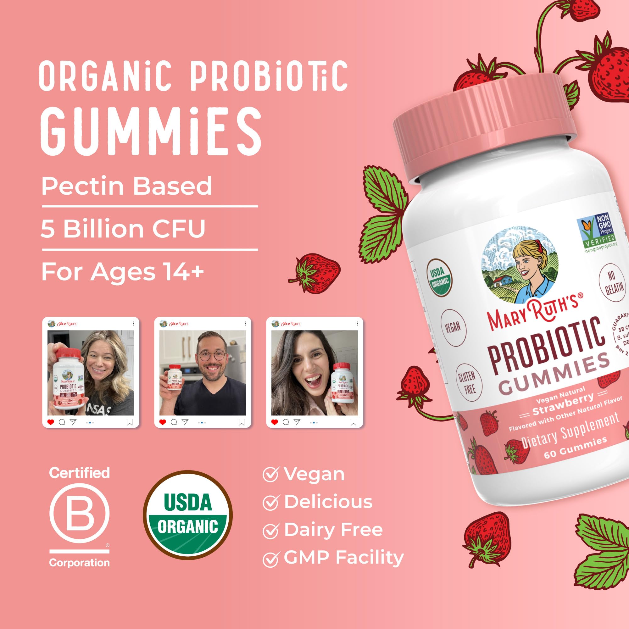 MaryRuth Organics probiotic gummies dairy-free gluten-free claim appeals to sensitive diets.