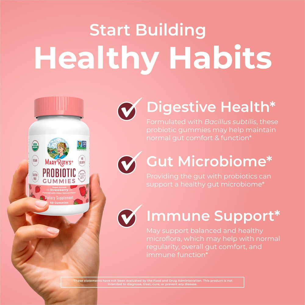 MaryRuth Organics probiotic gummies non-GMO badge signals clean, trustworthy supplement choice.