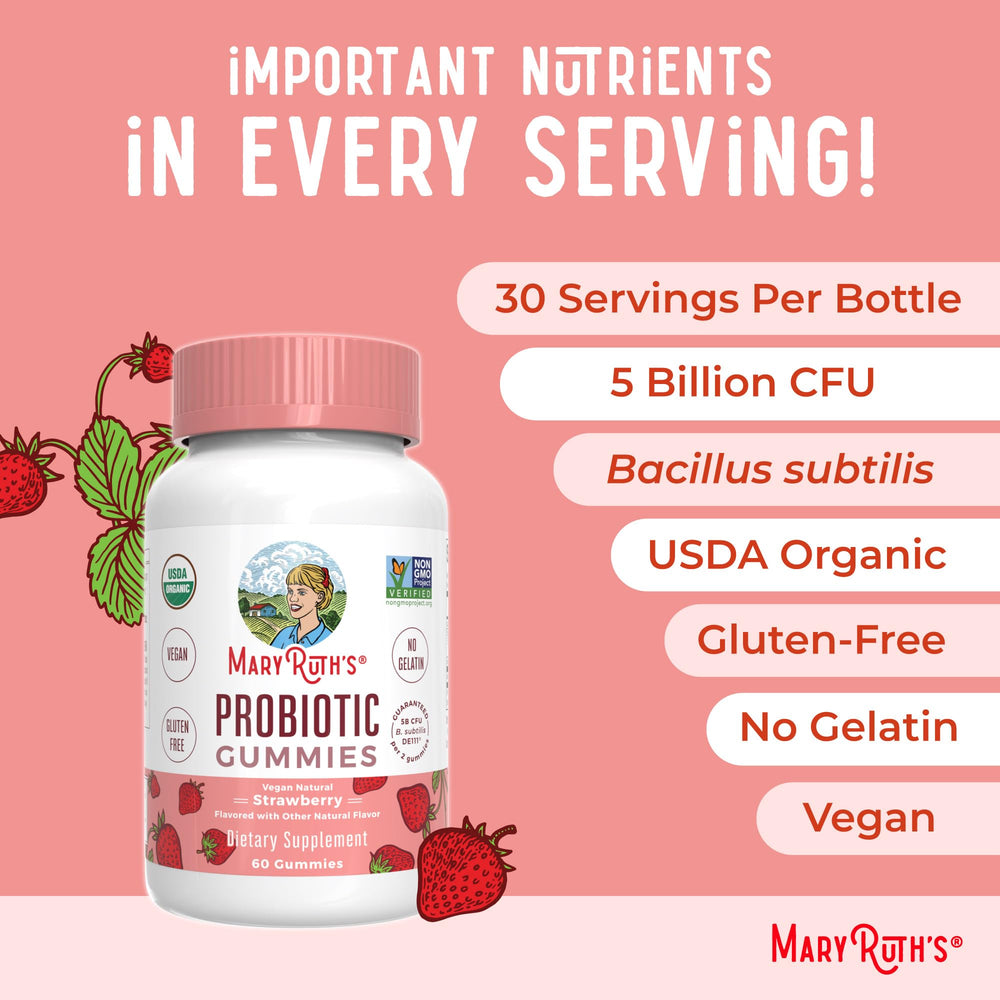 MaryRuth Organics probiotic gummies packaging assembly demonstrates ready-to-use gut health solution.