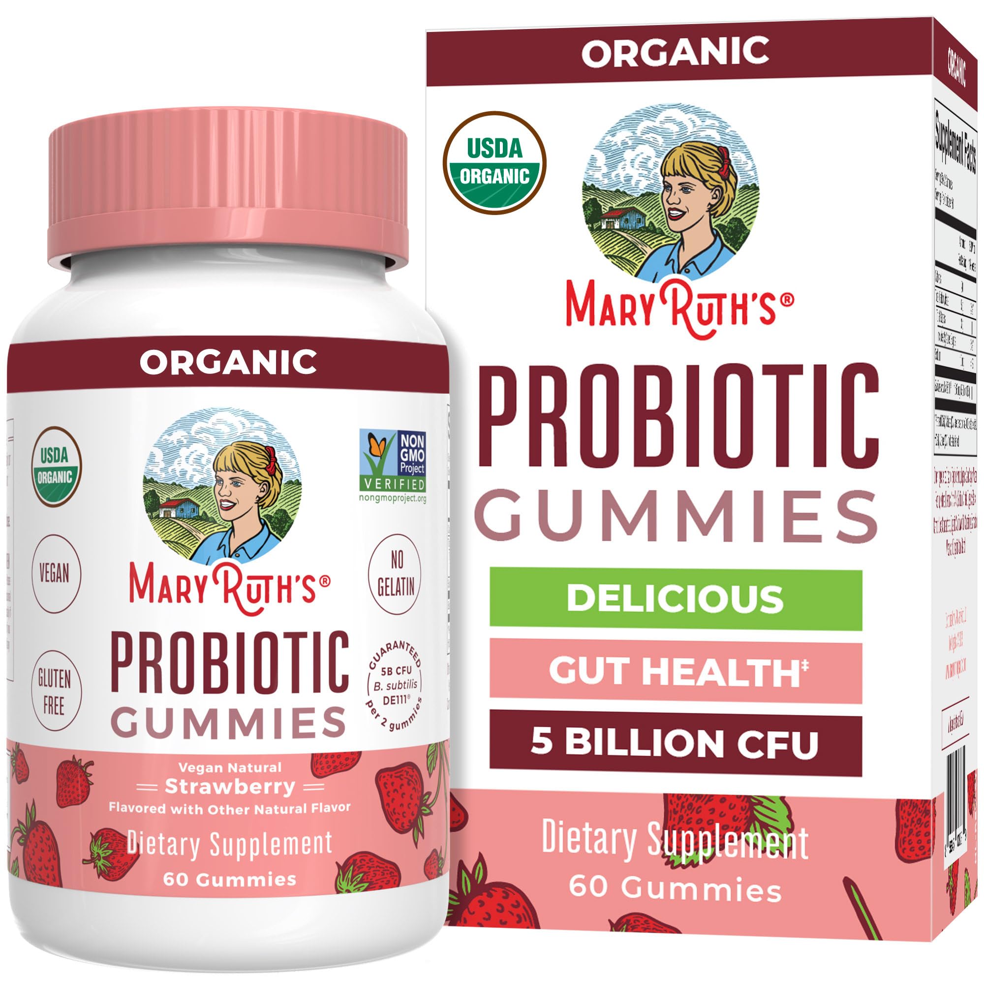 MaryRuth Organics probiotic gummies strawberry bottle shows convenient gut support on the go.