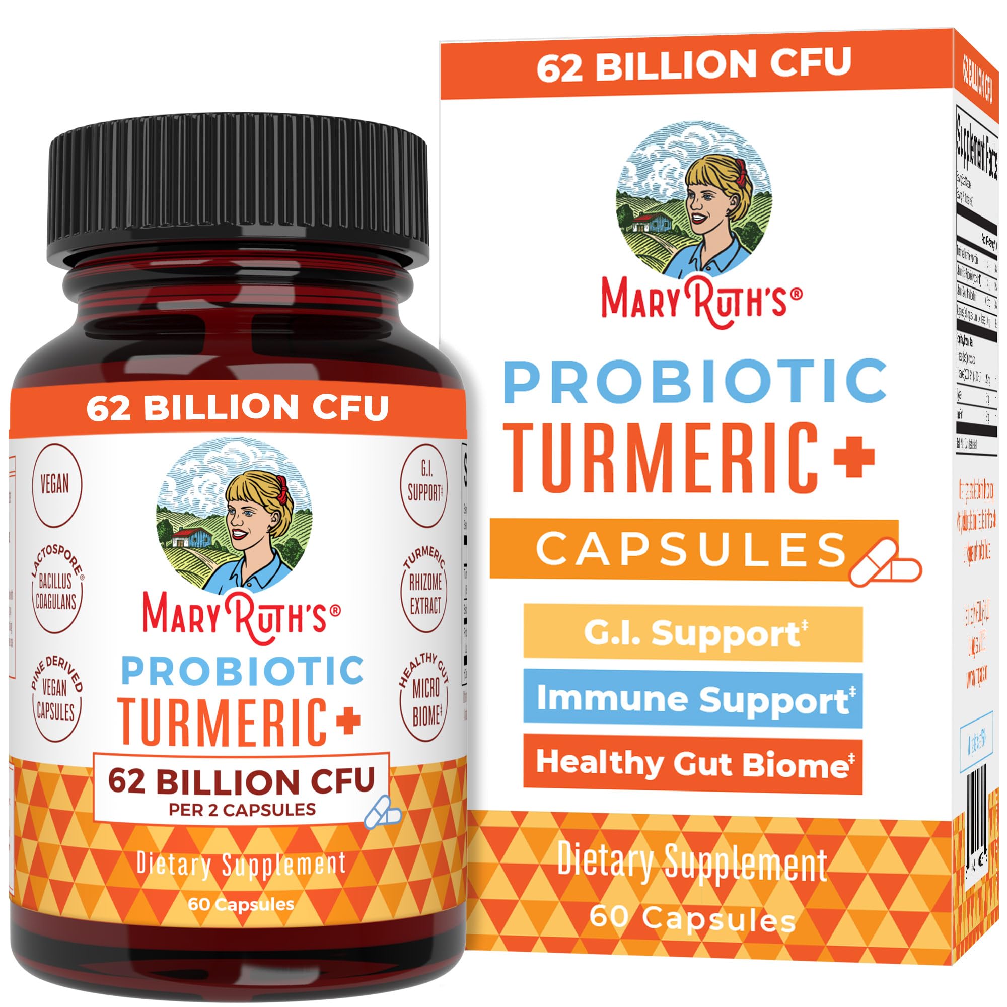 MaryRuth Organics probiotic turmeric bottle on shelf for daily digestion support
