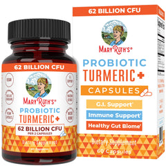 MaryRuth Organics probiotic turmeric bottle on shelf for daily digestion support